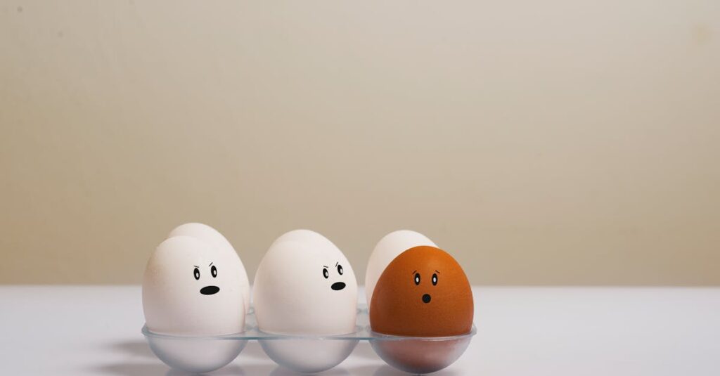 A creative depiction of eggs with facial expressions in a tray, symbolizing diversity.